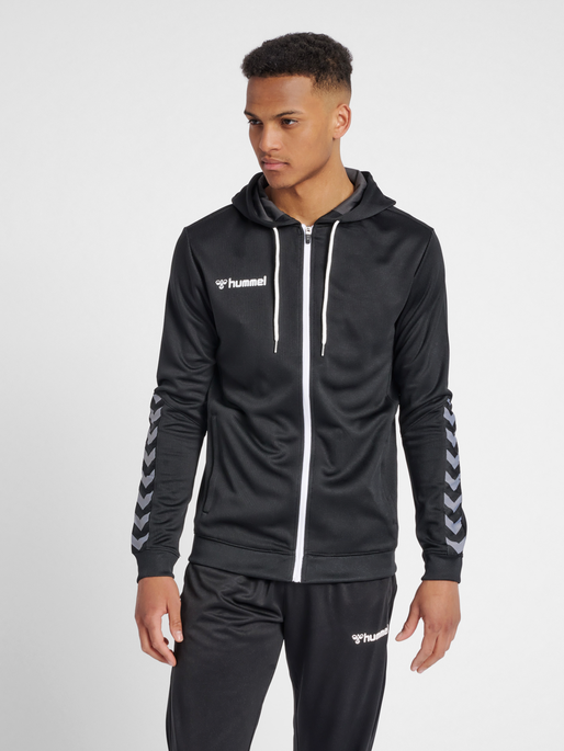 hmlAUTHENTIC POLY ZIP HOODIE, BLACK/WHITE, model