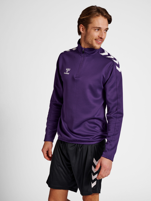 hmlCORE XK HALF ZIP POLY SWEAT, ACAI/WHITE, model