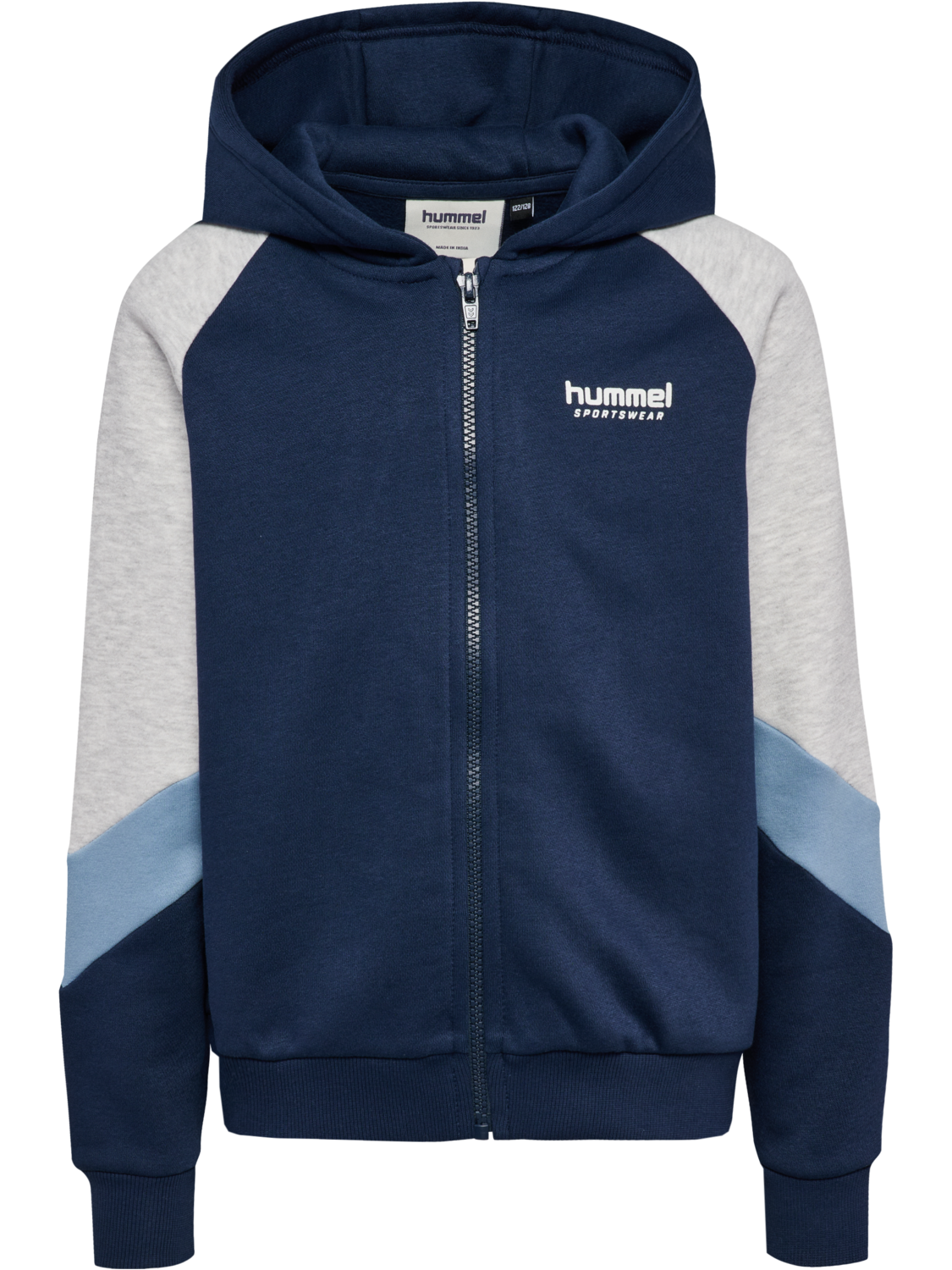 hmlJR LOOSE BLOCKED ZIP HOODIE, DRESS BLUES/FADED DENIM, packshot