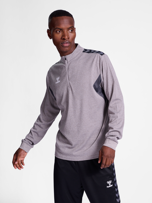 hmlAUTHENTIC HALF ZIP SWEAT, GREY MELANGE, model